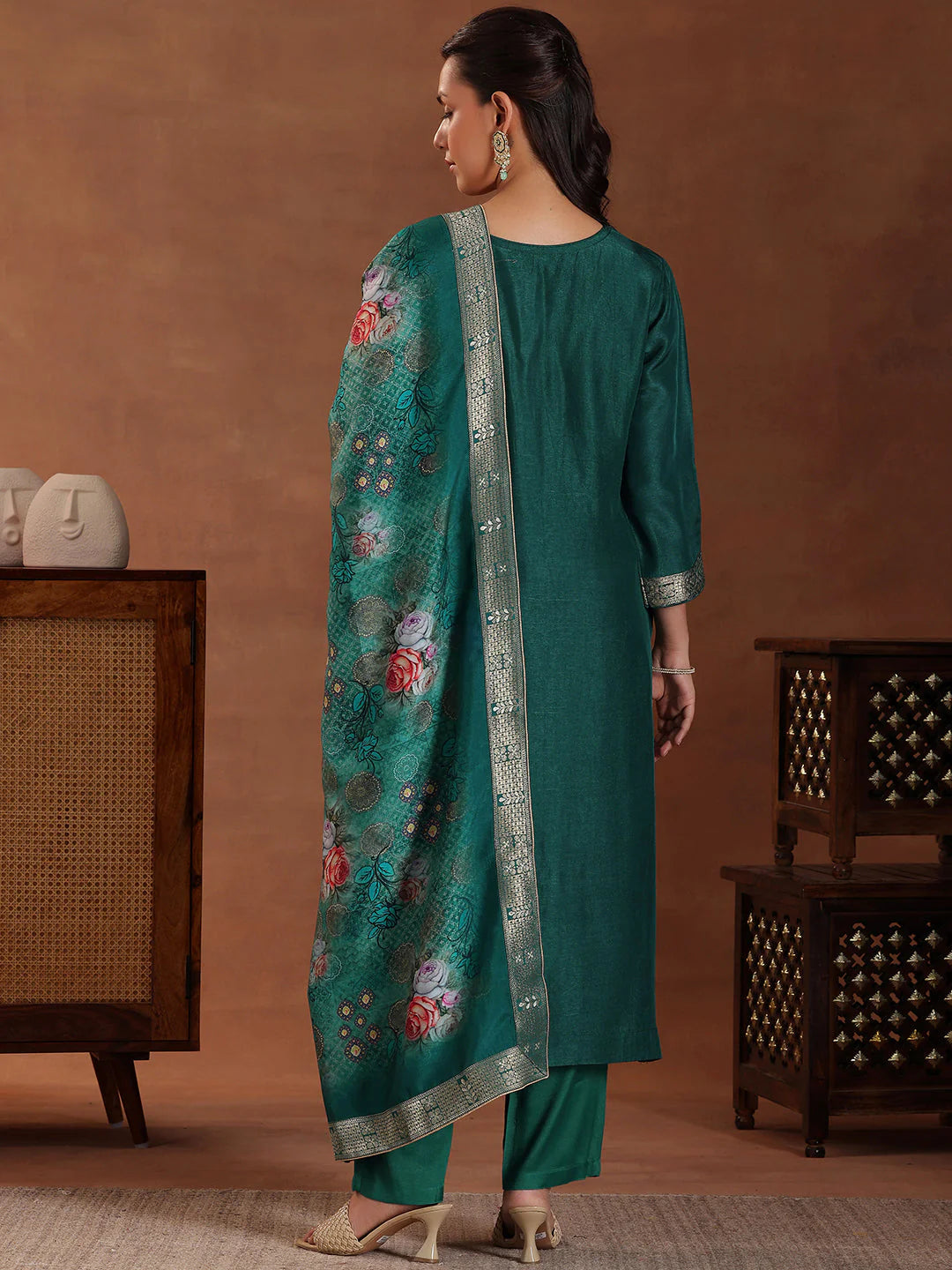 Green Printed Silk Blend Straight Suit with Dupatta