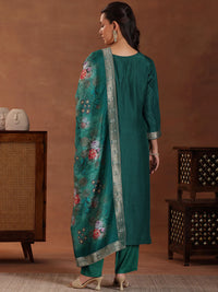 Green Printed Silk Blend Straight Suit with Dupatta