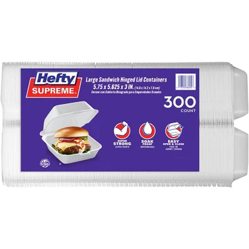 Hefty Supreme Large Sandwich Foam Hinged Lid Containers, 6" 300 Ct.