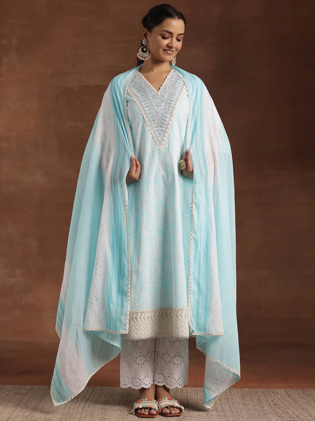 Blue Printed Cotton Straight Suit with Dupatta