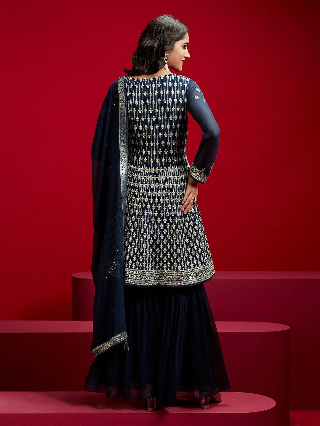 Libas Art Navy Blue Embroidered Georgette A-Line Kurta with Sharara & Dupatta