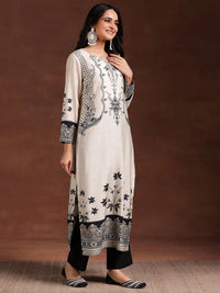 Monochrome Printed Silk Blend Straight Suit with Dupatta