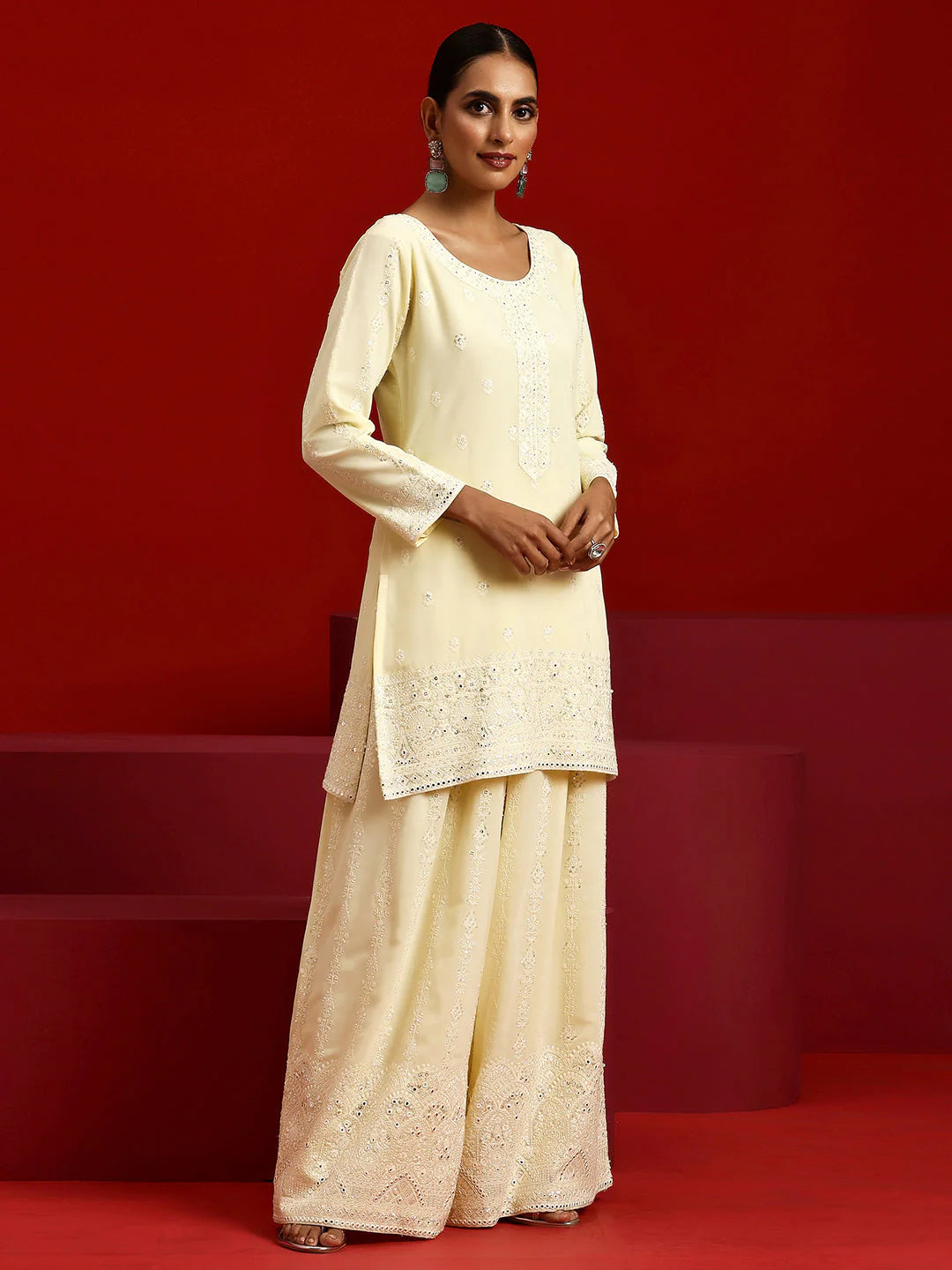 Libas Art Yellow Embroidered Georgette Straight Suit with Dupatta