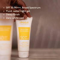 Asaya Aqua Dew Sunscreen SPF 50 PA+++ | UVA/B Light Protection | Blue Light Protect | Dewy | With Rice Extract | No White Cast | Prevents Tanning | Ultra Light Water Sunscreen | Water & Sweat Resistant | Fragrance-Free | For Even Toned & Glowing Skin | Fo