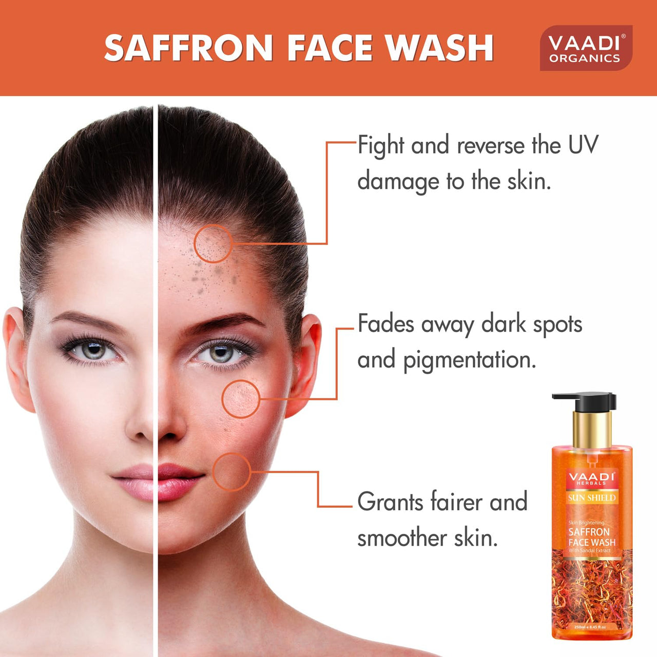 Vaadi Herbals Pvt Ltd Skin Whitening Saffron Face Wash With Sandal Extract, 250 ml