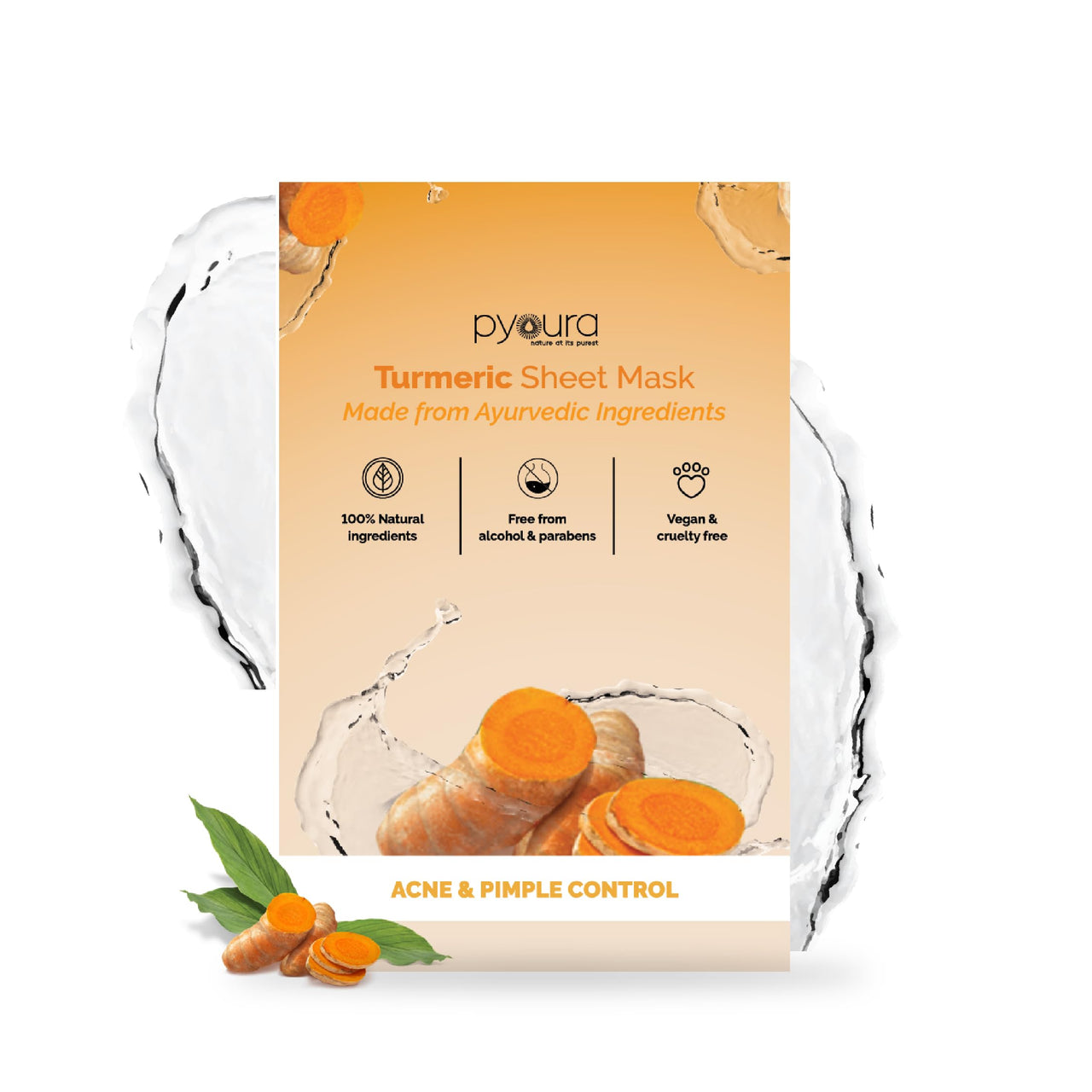 PYOURA Acne-Fighting Turmeric Face Sheet Mask, Stain-Free, Relieves Painful Inflammation, Skin-Nourishing Formula, Acne Pimple Control, Ayurvedic, Vegan & Cruelty-Free Pack of 2, Each 23g