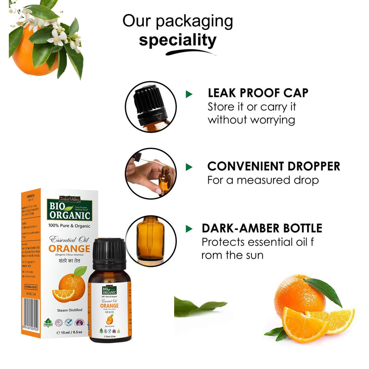 Indus Valley 100% Pure Natural & Organic, Undiluted Orange Essential Oil with Therapeutic Grade & Glass Dropper for Skin, Hair Care -15ml