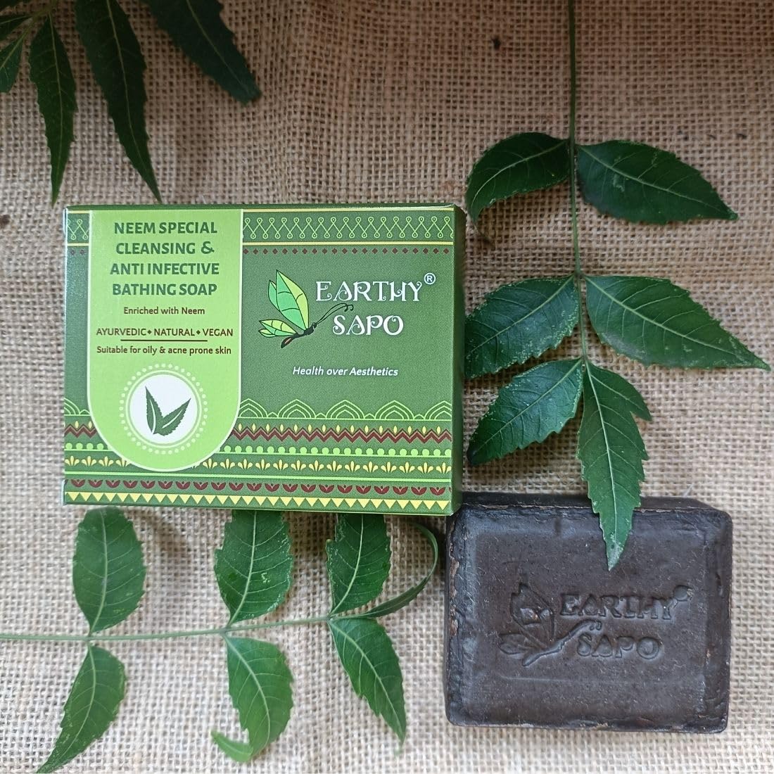Earthy Sapo Handmade Neem Bathing Soap, 100g, Pack of 1 | Natural Cleansing Soap | Neem-Based Formula for Daily Use | For oily skin | Vegan, Eco-Friendly, Free from Chemicals