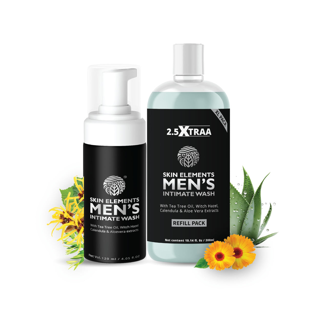 Skin Elements Men's Intimate Wash JUMBO Pack | with Refill | For 180 Days | 420 ml | pH Balanced Hygiene Foaming Wash | Prevents Bad Odor and Irritation| with Tea Tree Oil | Super Saver Pack |