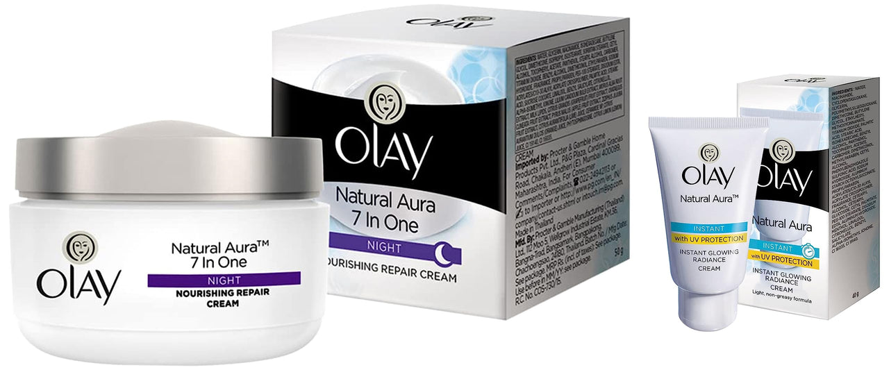 Olay Night Cream Natural White Fairness Night Moisturiser, 50g And Olay Natural White Light Instant Glowing Fairness Cream, 40g