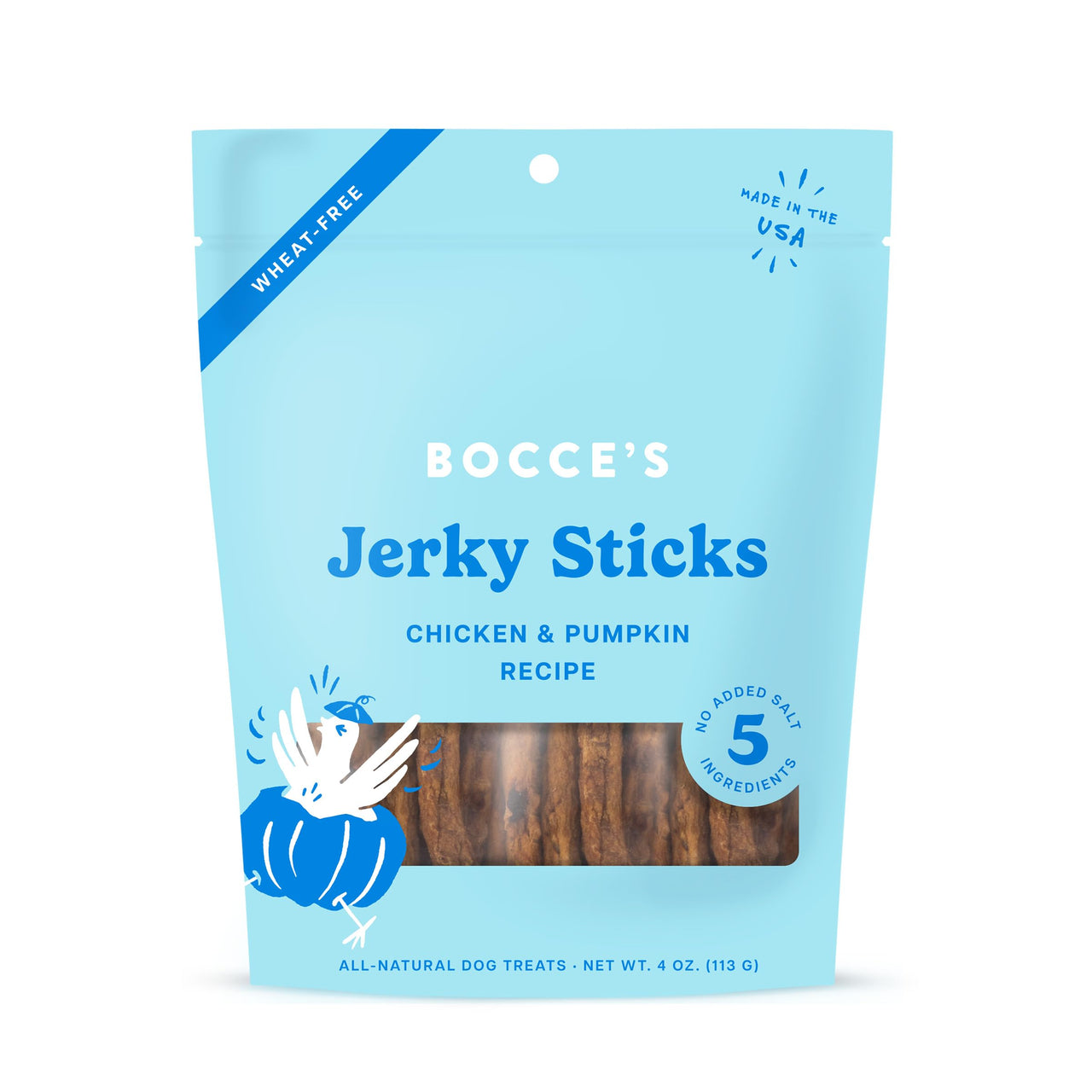Bocce's  Bakery Jerky Stick Dog Treats, Wheat-Free, Made with Limited-Ingredients, Baked in The USA with No Added Salt or Sugar, All-Naural & High-Protein, Chicken & Pumpkin, 4 oz Chicken + Pumpkin