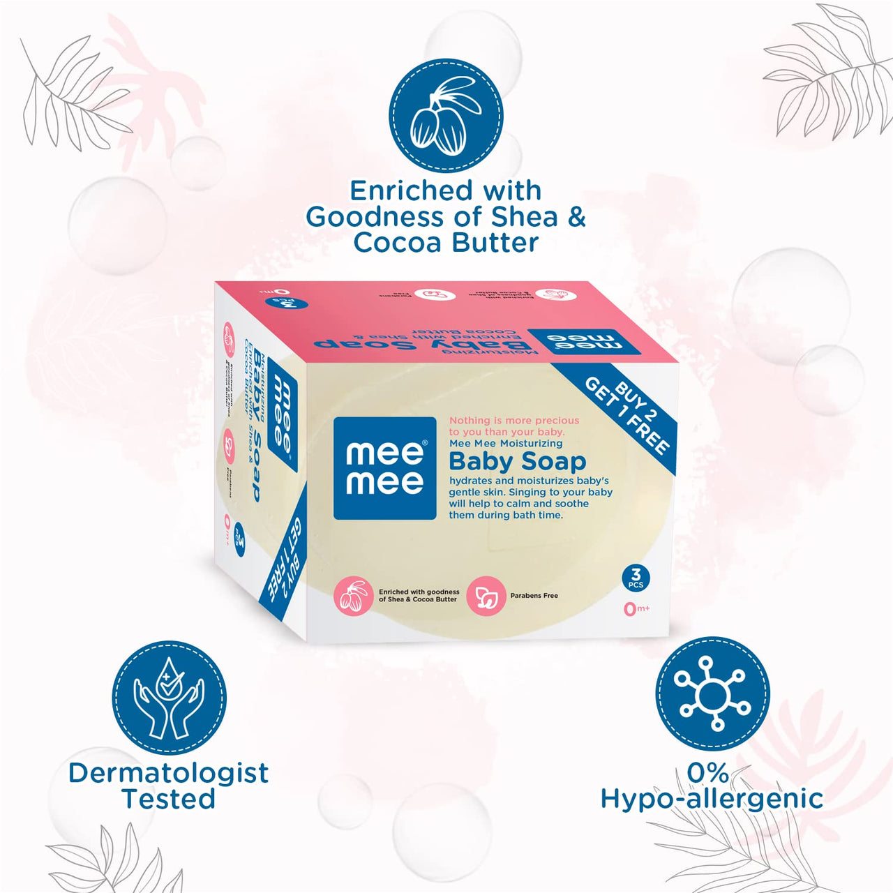 Mee Mee Baby Soap 75g, Pack of 3 (Buy 2, Get 1 Free) | Nurturing Bathing Bar with Natural Shea & Cocoa Butter | For Baby's Sensitive Skin | Paraben Free | Dermatologist-Approved for Gentle Skin Care