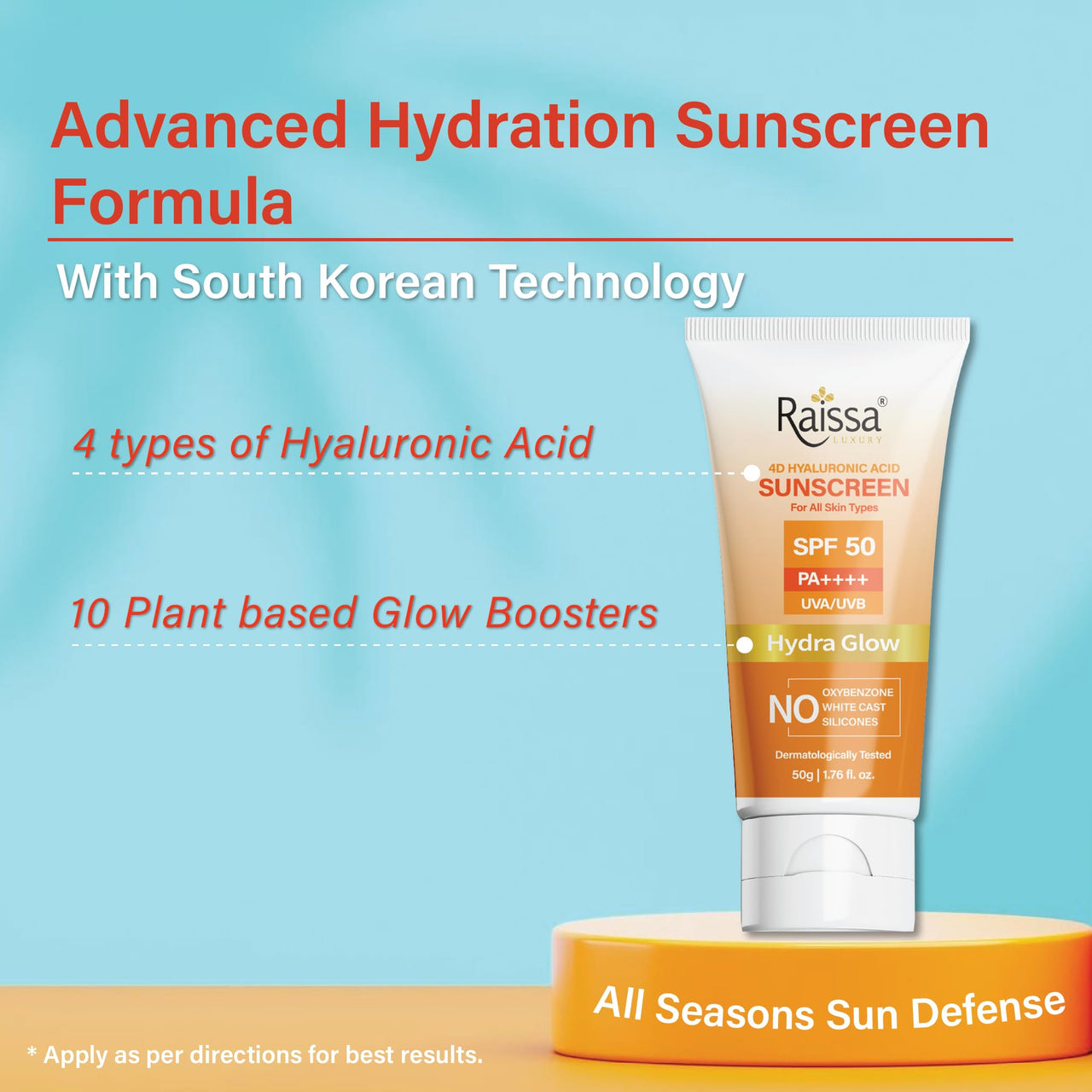 Raissa Luxury Hydra Glow Sunscreen SPF 50, PA++++, UVA/UVB Broad Spectrum, 50g with 4D Hyaluronic Acid, Brightening and Hydrating |No Silicone, No Oxybenzone, No Whitecast, All Skin types