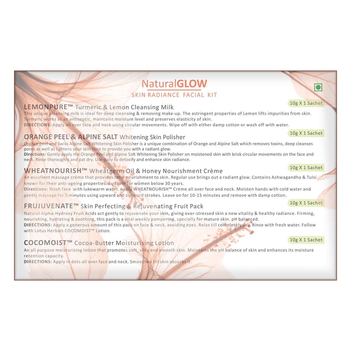 Lotus Herbals Natural Glow Skin Radiance Single Facial Kit | Deep Pore Cleansing | Skin Lightening & Hydrating | 50g