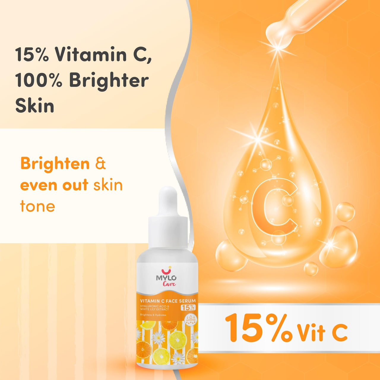Mylo 15% Vitamin C Face Serum with Hyaluronic Acid & Daisy Flower Extract | Brightens Skin | Reduces Fine Lines, Wrinkles & Dark Spots 30 ml