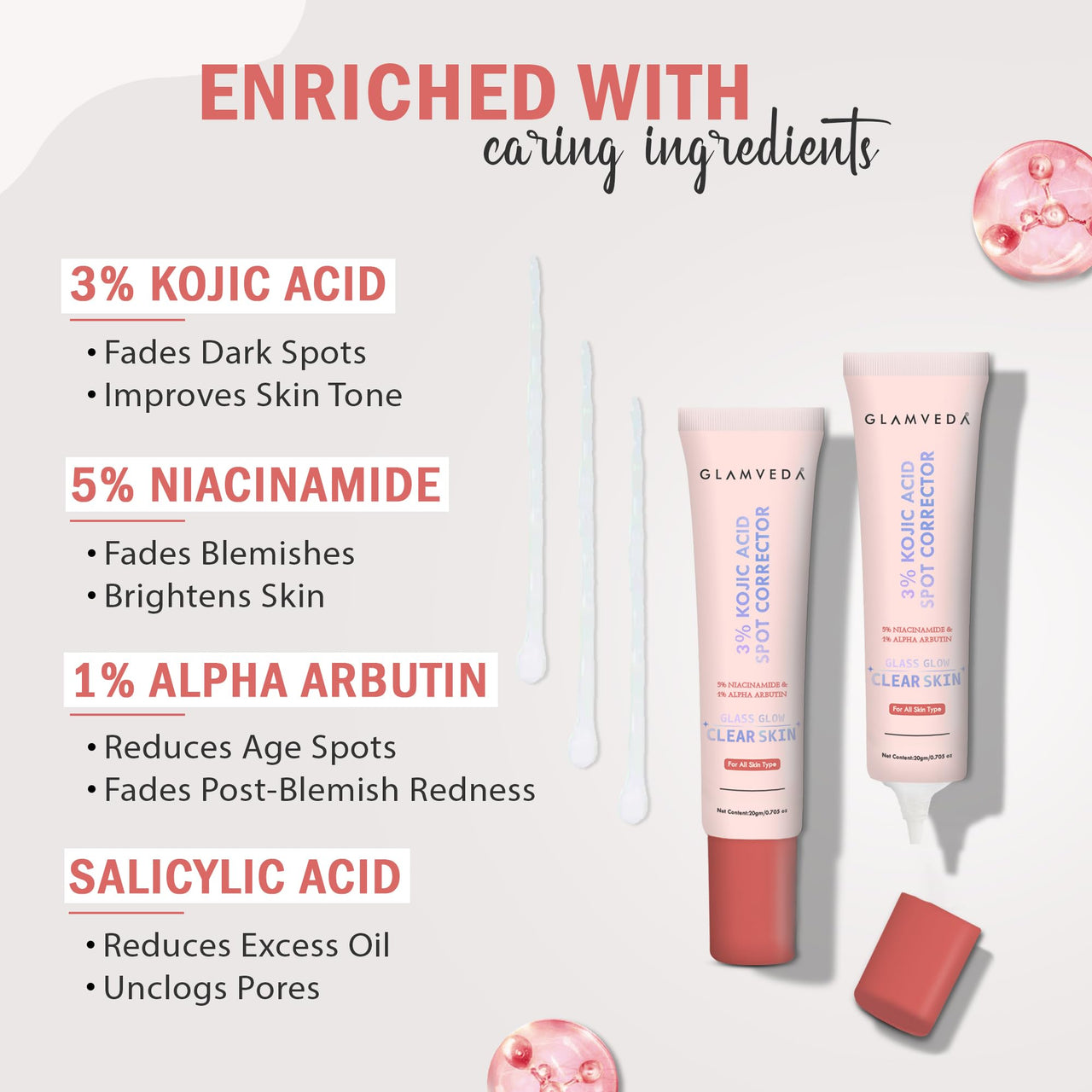 Glamveda 3% Kojic Acid Spot Corrector Gel Reduces Acne Scars & Dark Spots | Glow Booster & Pigmentation Removal | With Alpha Arbutin & Niacinamide | 20g