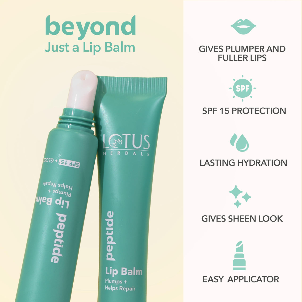 Lotus Herbals Peptide Lip Balm with SPF 15 for Dry and Chapped Lips, Repairs and Plumps Skin, Glossy Finish, With Hyaluronic Acid and Vitamin E, No Tint, Vanilla Scent, Vegan, For Men and Women (Transparent, 10gm)