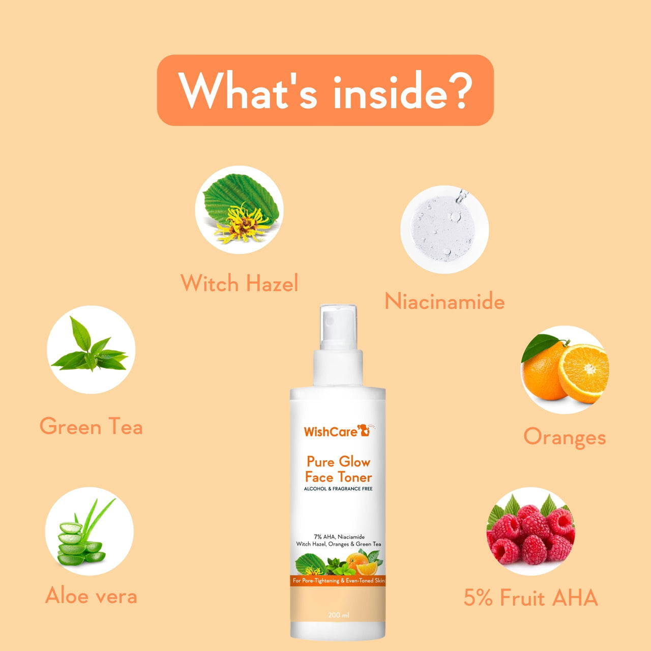 WishCare Pure Glow Face Toner - 5% Fruit AHA, Hyaluronic Acid, Niacinamide & Oranges - For Glowing, & Pore Minimizing - 200ml, (PGFT200)