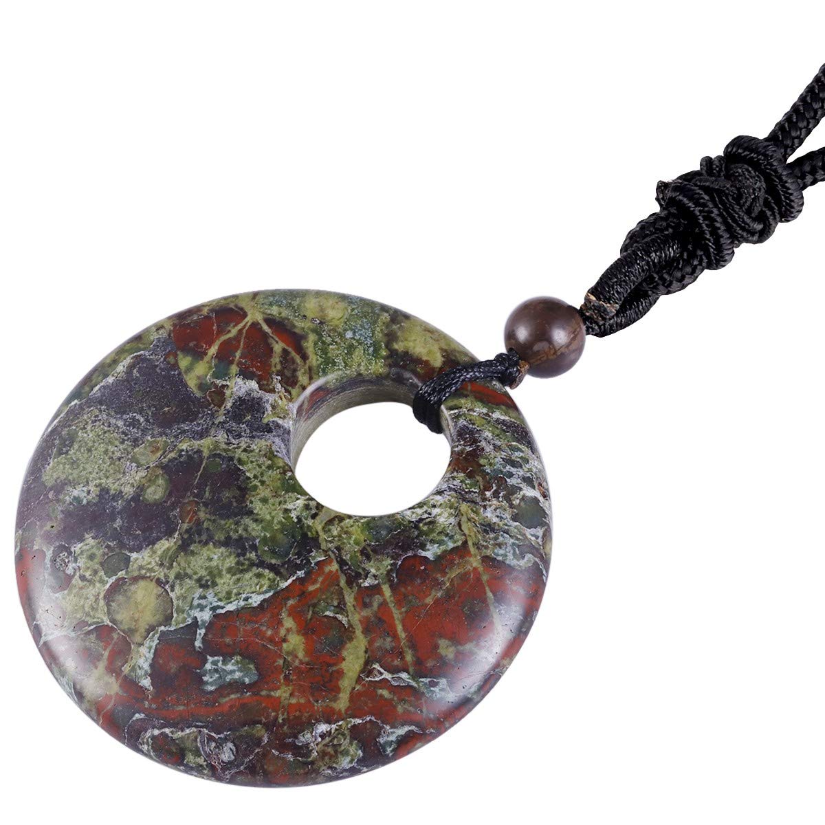 SUNYIK Lucky Coin Pendant Necklace for Women Men, Healing Crystal Amulet Jewelry for Unisex, Donut Round Shaped, Adjustable 18''-28'' Strand #1-dragon bloodstone