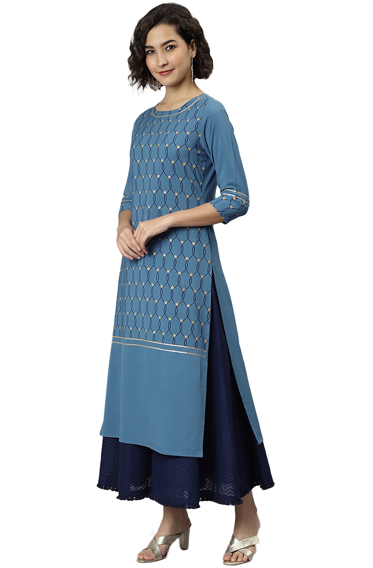 Janasya Women's  Blue Poly Crepe Ethnic Motifs Kurta