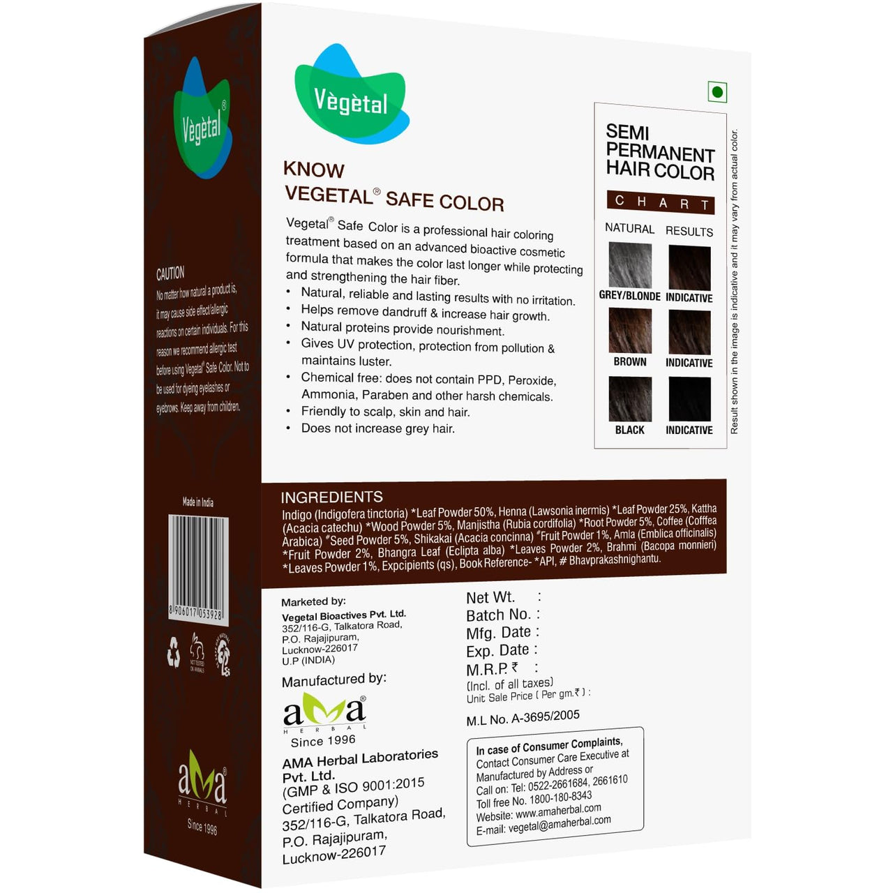 Vegetal Safe Color+ Semi-Permanent Hair Colour, Dark Brown 150g.- Chemical-Free, Natural Ingredients, for women and men