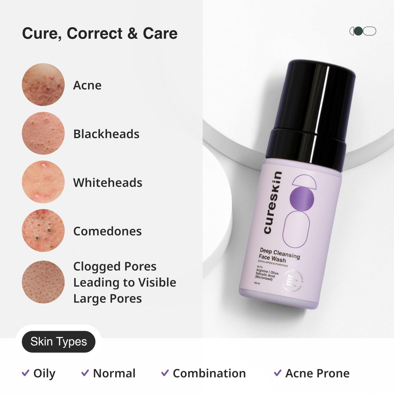 Cureskin Deep Cleanse Salicylic Acid Face Wash for Oily Skin | Salicylic Acid Foaming Face Wash for Men and Women, 100 ml (Deep Cleanse)