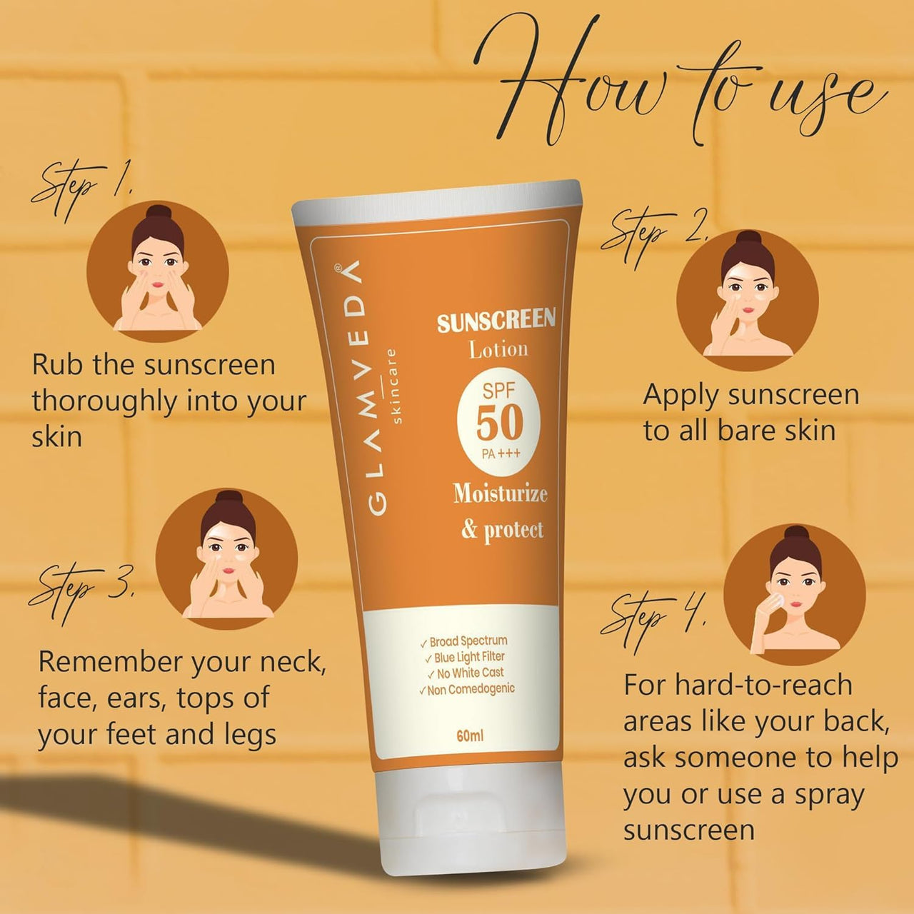 Glamveda Hybrid Sunscreen Lotion Spf 50 PA+++ for Moisturize & Protect | Transparent & Ultra-lightweight Sunscreen | Non-Greasy, Quick-Absorbing | Zero White Cast | For Women & Men | 60ml