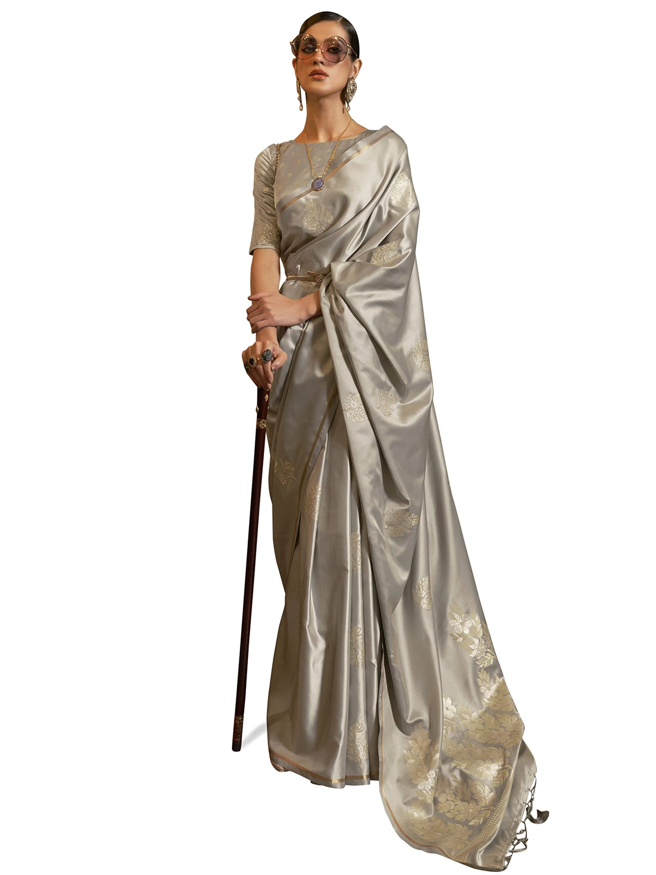 AKHILAM Women's  Banarasi Pure Silk Floral Golden Zari Work Woven Design Border Saree with Unstitched Blouse Piece(KSBLE2240_Parent)