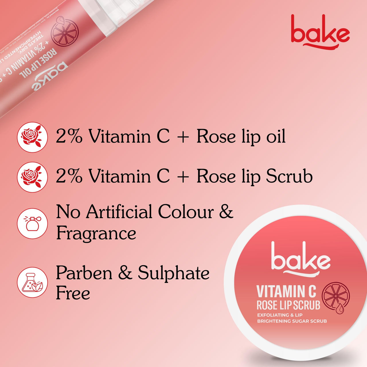 BAKE Vitamin C Rose Tinted Lip Kit | Lip Lightening Scrub for Dark Lips Exfoliation | For Hyperpigmented Lips, Dehydrated Lips, Flaky Lips & Chapped Lips | For Men & Women | 25g (Rose Lip Kit)