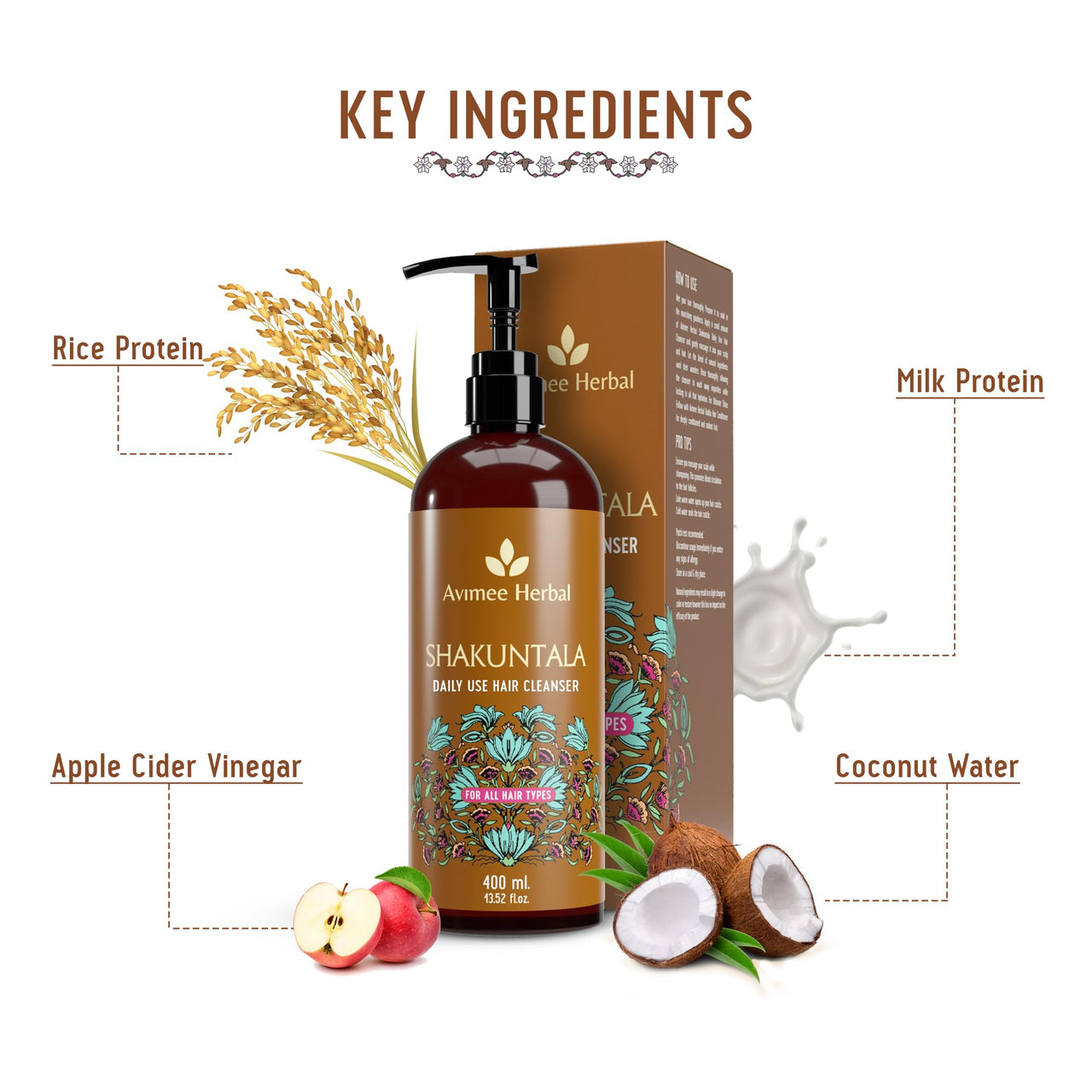 Avimee Herbal Shakuntala Daily Use Hair Cleanser | For Silky Hair | With Aloe, Apple Cider, Rice & Keratin Protein | Sulphate & Paraben Free Shampoo For Men & Women | 400 ml