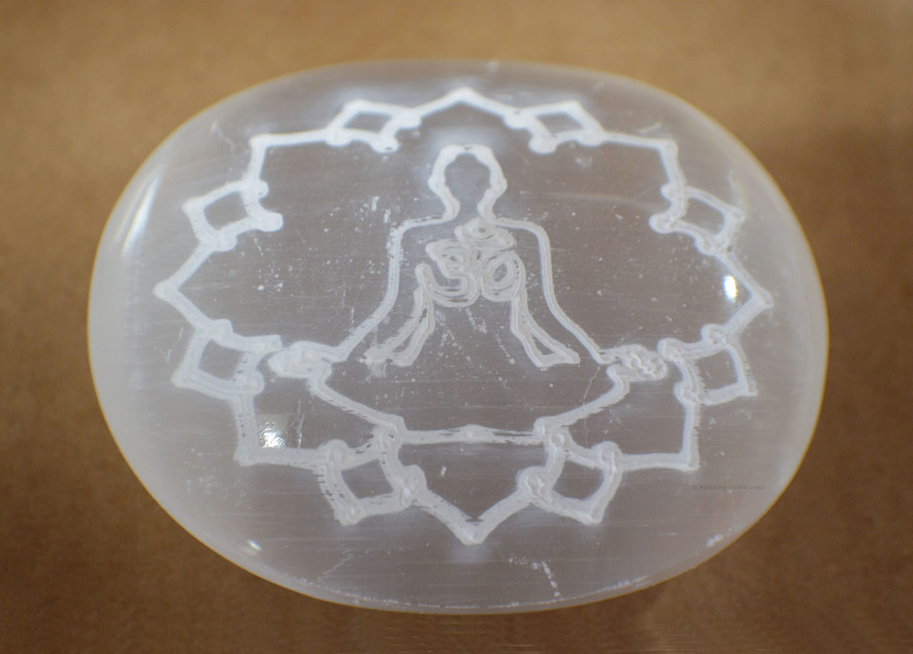 Amazing Gemstone Selenite Palm Stone - Buddha Engraved Hot Massage Worry Stone for Natural Body Chakra Balancing, Reiki Healing and Crystal Grid Selenite (Buddha Engraved)