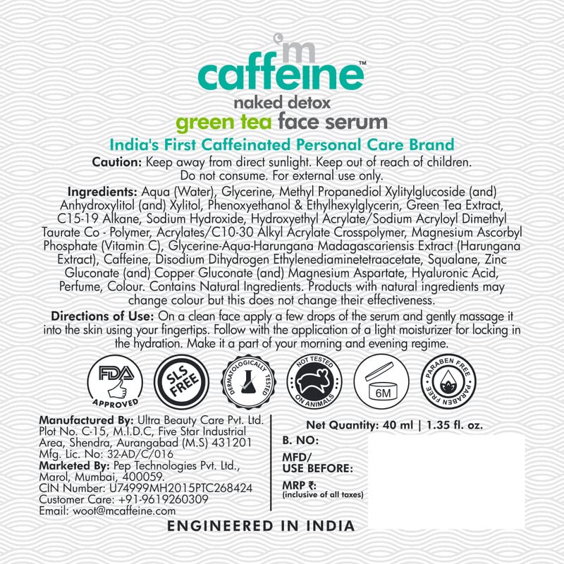 mCaffeine Green Tea Hydrating Face Serum for Glowing Skin with Vitamin C & Hyaluronic Acid | Reduces Dark Spots, Pigmentation & Prevents Sun Damage | For Men & Women | 72 Hrs Hydration | 40ml