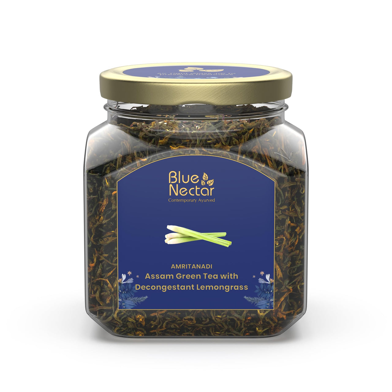 Blue Nectar Green Tea Leaves with Decongestant Lemongrass | Loose Green Leaves Sourced from Assam | Reusable Glass Jar (50 gm + 15 gm Free)