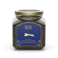 Blue Nectar Green Tea Leaves with Decongestant Lemongrass | Loose Green Leaves Sourced from Assam | Reusable Glass Jar (50 gm + 15 gm Free)