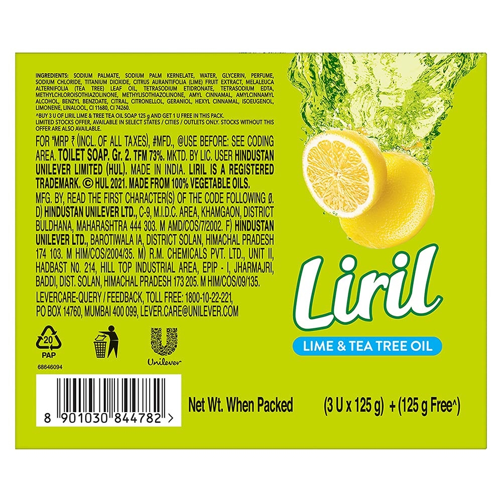 Liril Lime and Tea Tree Oil Bath Soaps: Refreshing Bathing Soaps with Freshness of Lemon - Paraben and Sulphate Free Soap Bar, 125 g (Buy 3 Get 1) (Pack of 2)