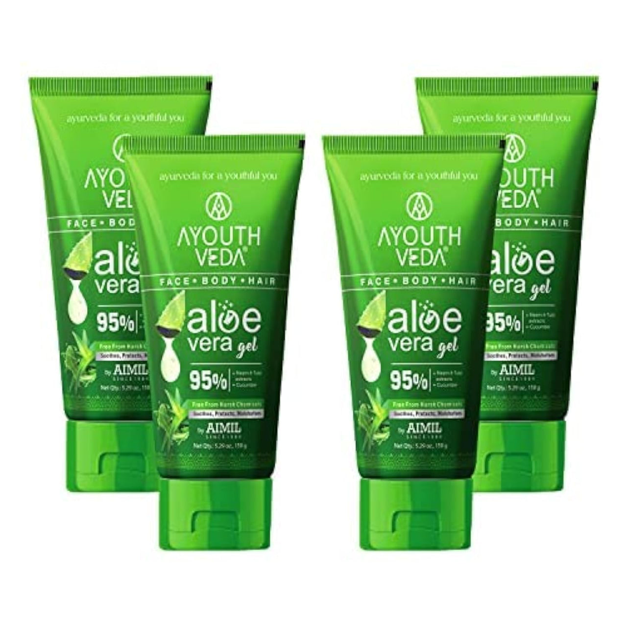 Ayouthveda Aloe Vera Gel 150 gm for Face, Body & Hair | Aloe Vera Skin/Hair Gel With Neem & Tulasi Vitamin Extracts | Calms Sunburn & Promotes Even Skin Tone (Pack Of 4; 150gm each)
