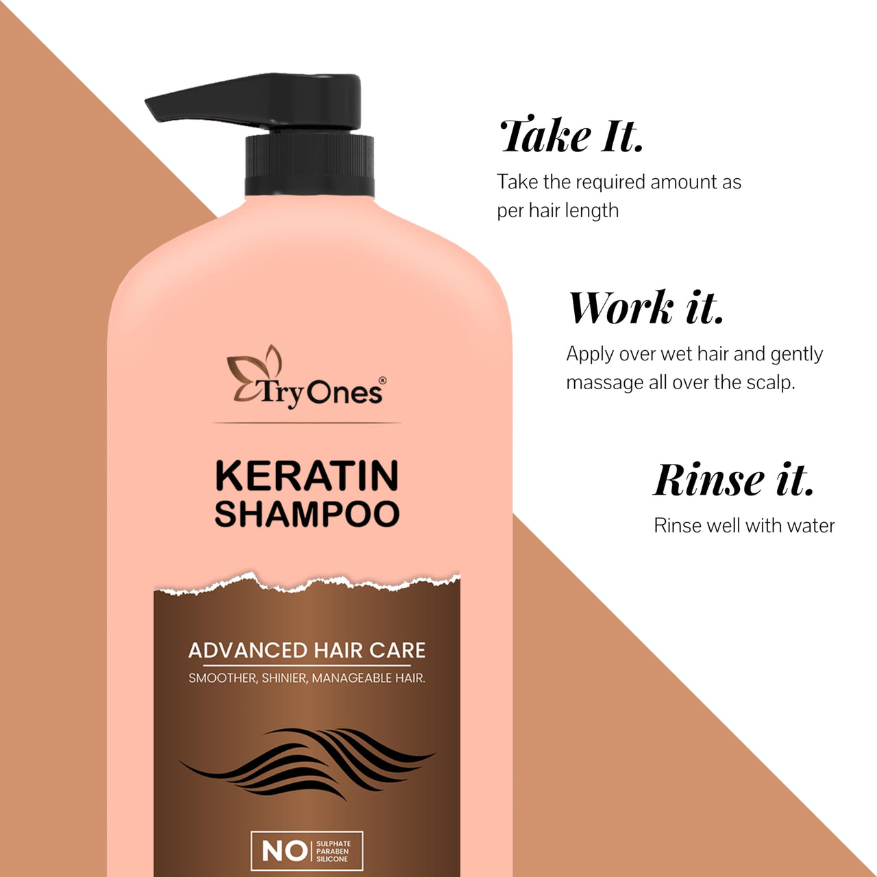 TryOnes Keratin Shampoo, for Straighter, Shinier Hair, with Keratin & Argan Oil, Nourishes Dry Hair, for Men & Women 1000 ml
