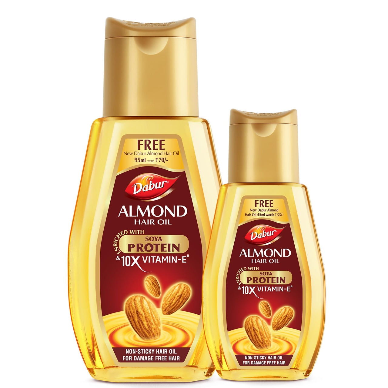 Dabur Almond Hair Oil - 190ml With Free Dabur Almond Oil 95ml | Provides Damage Protection | Non Sticky Formula | For Soft&Shiny Hair | With Almonds, Keratin Protein, Soya Protein & 10X Vitamin E