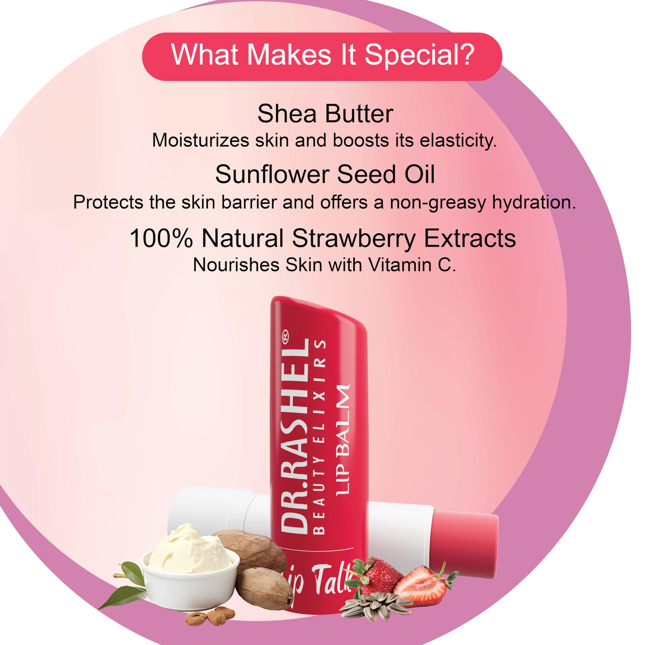 Dr.Rashel Strawberry Moisturizing Lip Balm - 4.5 gms Tinted Lip Moisturizer for Dry, Chapped & Cracked Lips, Enriched with vitamin E and Natural Oil, Intense Hydration and UV protection