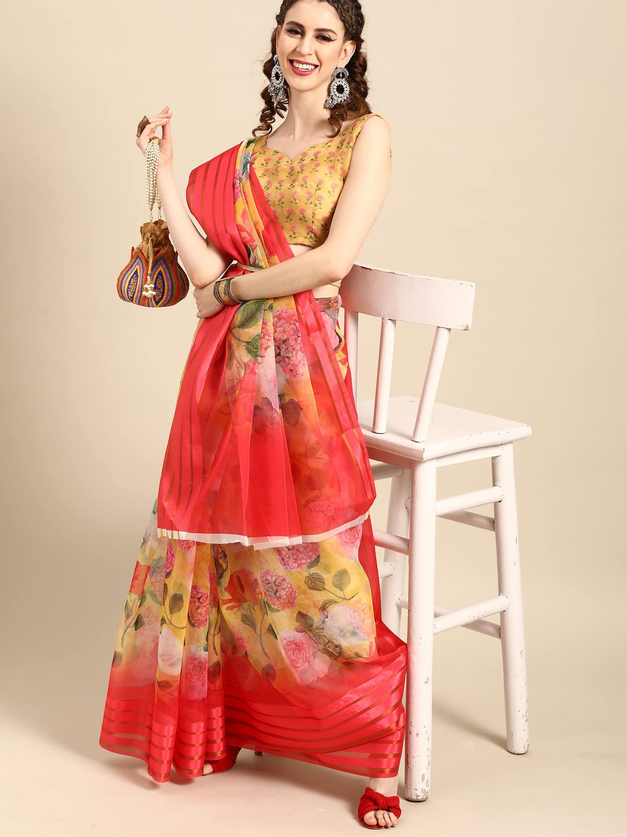 AKHILAM Women's  Knit Floral Printed Organza Saree with Unstitched Blouse Piece (FF0SAGE10_Parent)