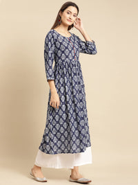 rangita Women 100% Cotton Blue Indigo Printed Calf Length Kurti Gathered at Waist