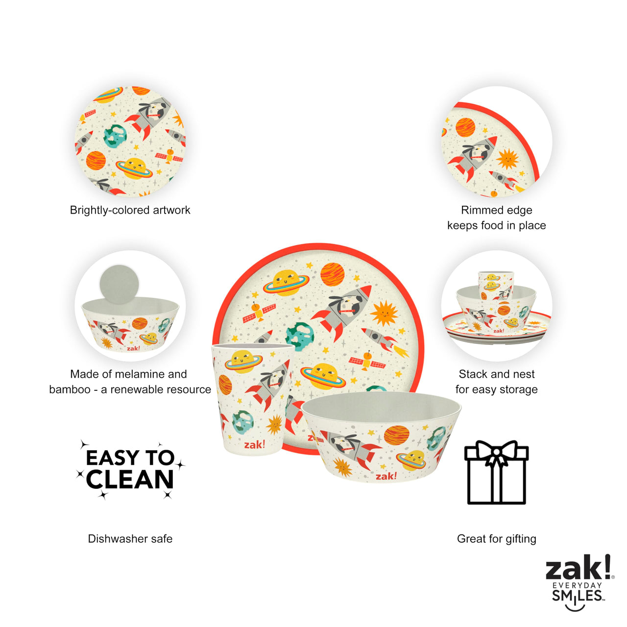 Zak Designs Kids Dinnerware Set 3 Pieces, Durable and Sustainable Melamine Bamboo Plate, Bowl, and Tumbler are Perfect For Dinner Time With Family (Spaceships)