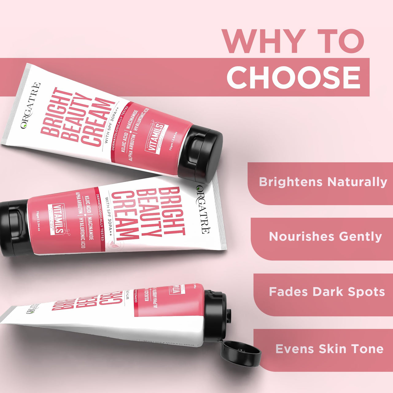 Orgatre Bright Beauty Cream 75gm with SPF 30 PA++ | Non-Oily Daily Moisturizer with Kojic Acid, Niacinamide & Hyaluronic Acid | Mattifying Face Cream for Brightening, Smooth & Hydrated Skin