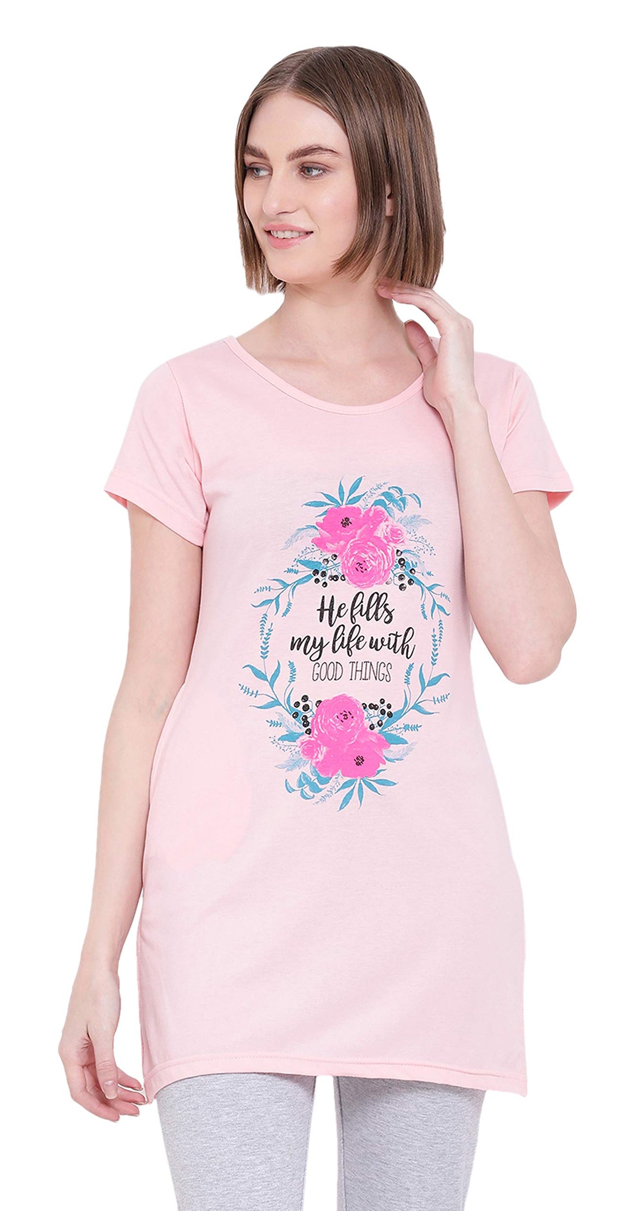 In Love Ladies Long Knee Length Chest Printed Side Slits Tshirts