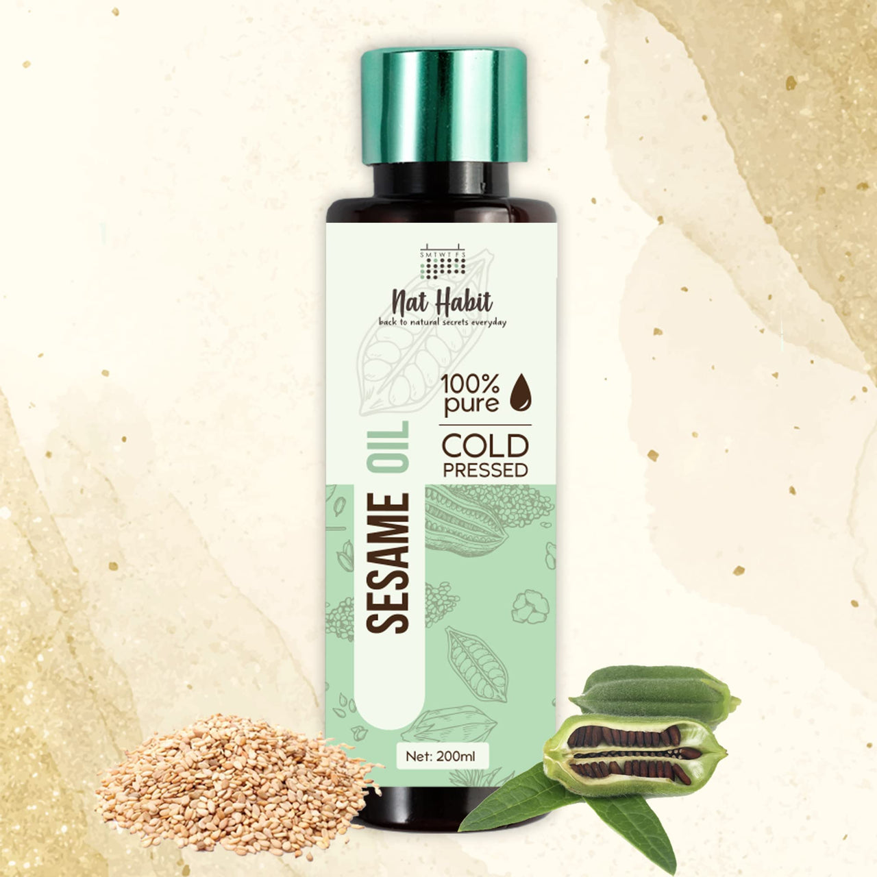 Nat Habit Cold Pressed 100% Pure Sesame (Til) Oil for Skin, Body Massage Oil for Deeply Moisturized Skin, 200ml