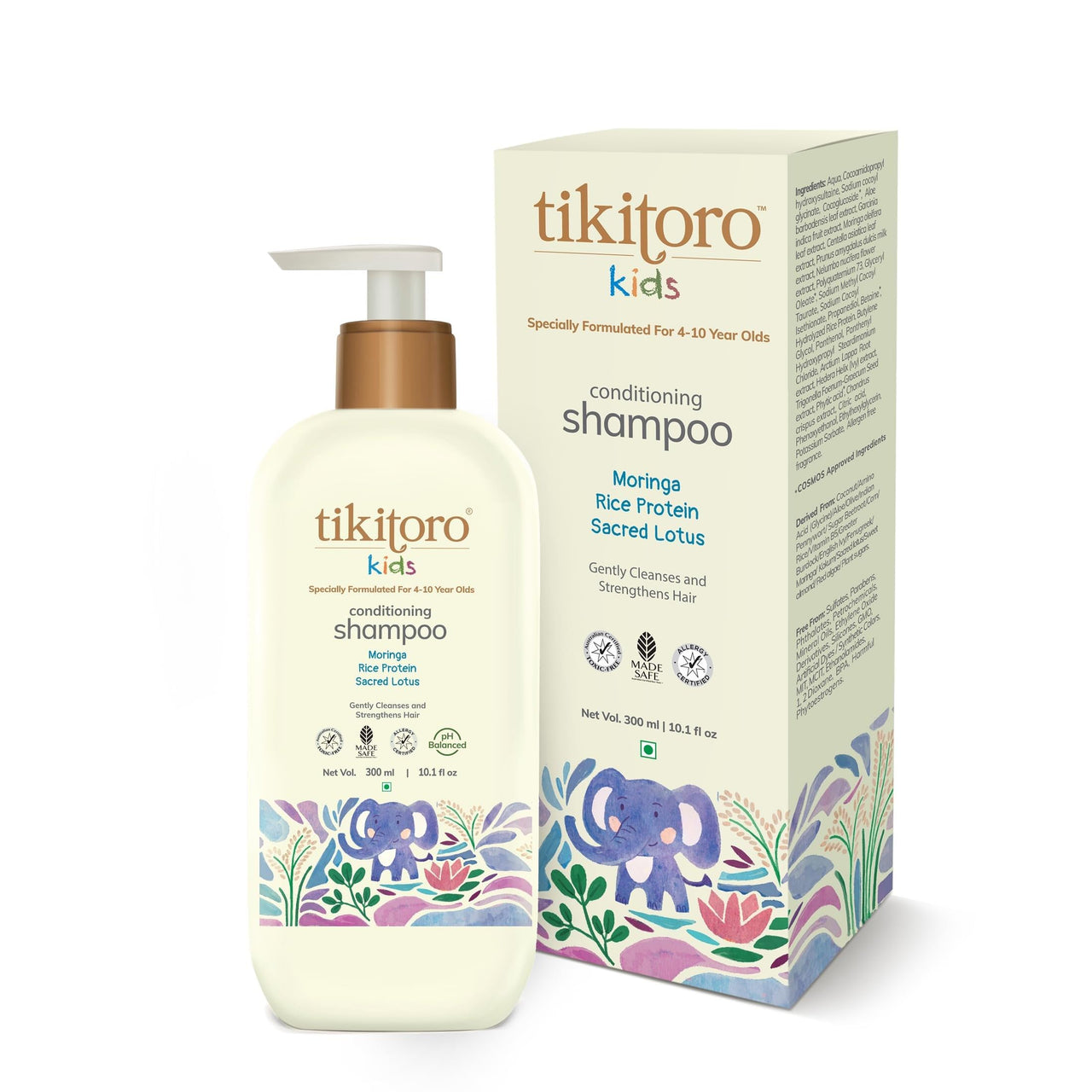 Tikitoro Kids Conditioning Shampoo for 4-10 years | pH 5.5 & Allergen-Free | Moringa, Rice Protein, Sacred Lotus Extract | No Parabens or Sulfates | 100% Vegan (300ml x 1)
