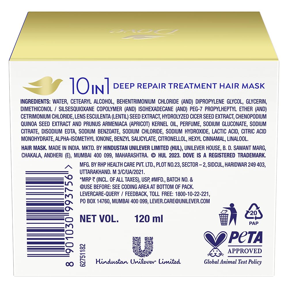 Dove Deep Repair Treatment Hair Mask For Damaged Hair With Bio Protein Care Sulphate & Paraben Free 120 ML