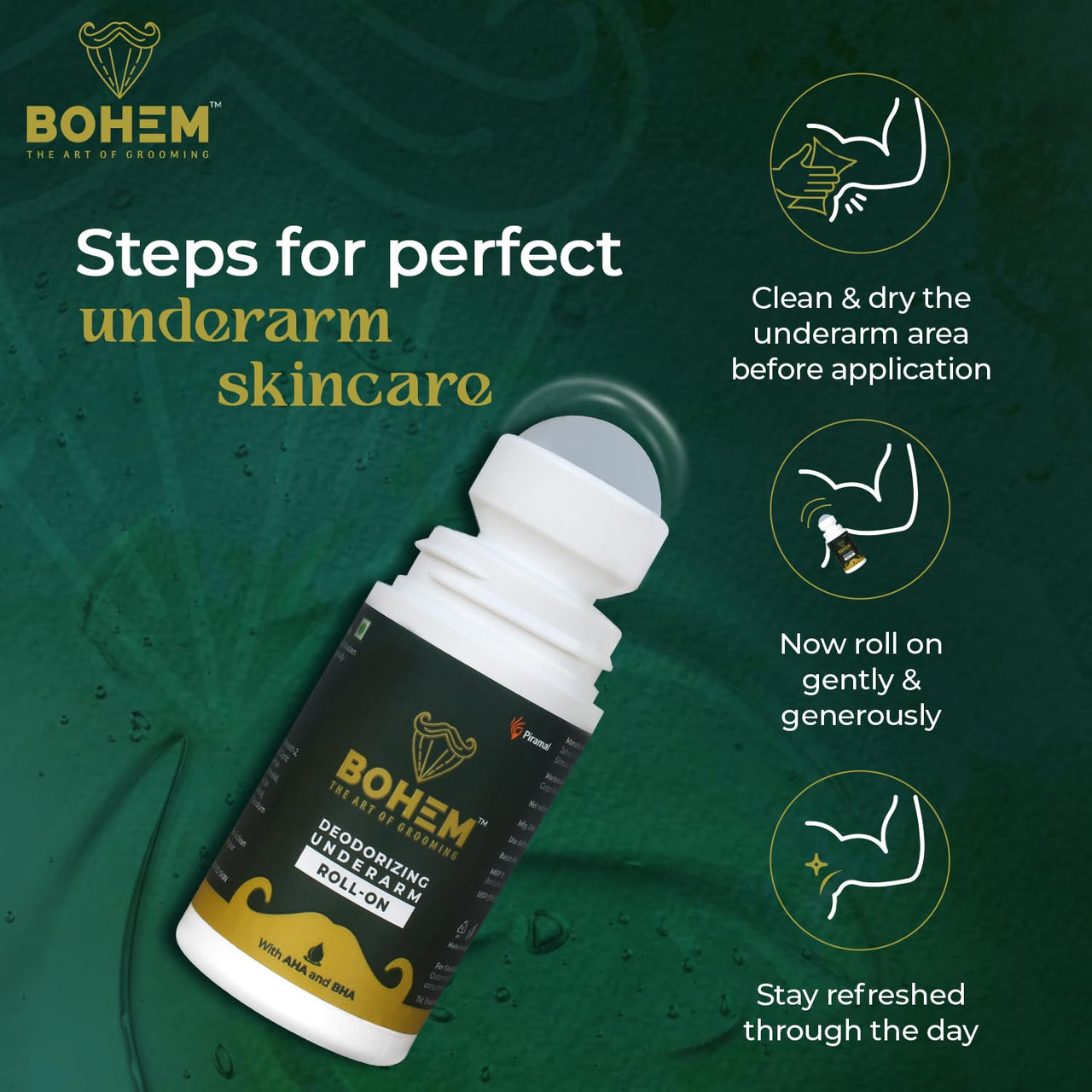 BOHEM Deodorant Underarm Roll-On with AHA & BHA-50ml | Anti perspirant Roll On With Lactic Acid & Salicylic Acid | Long lasting freshness, exfoliate & brightens underarm | Dermatologically tested | No SLS