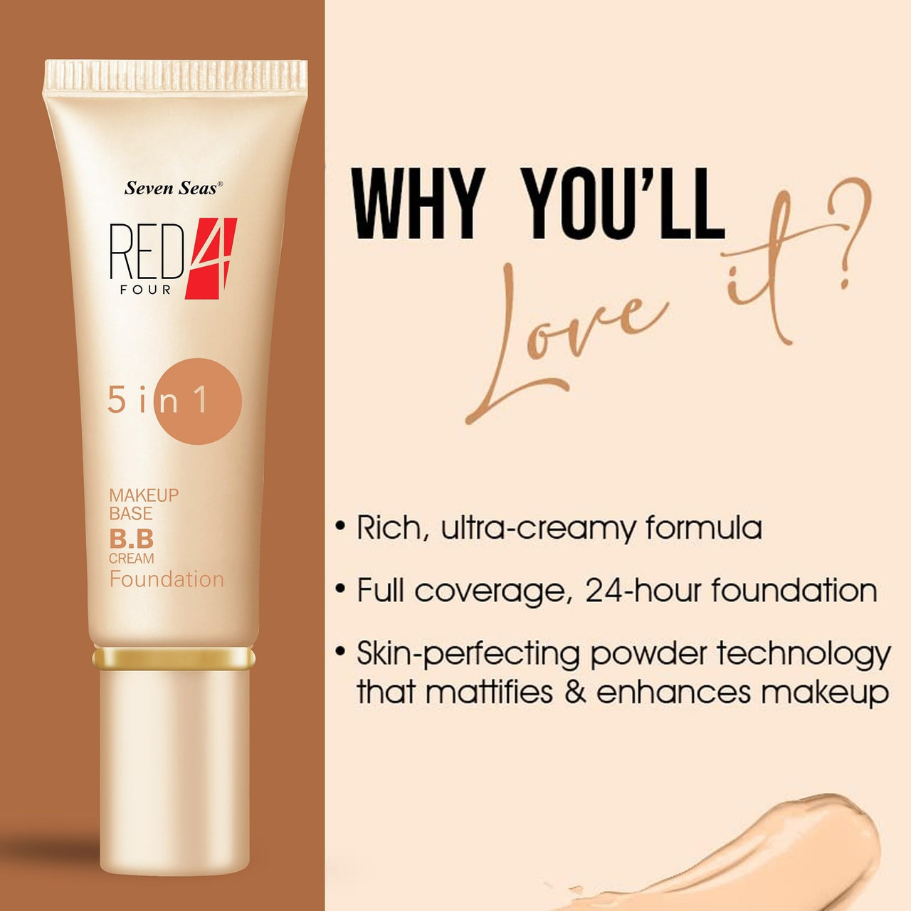 Seven Seas Red4 | Waterproof | Moisturizer | Isolation | Long Lasting | Exquisite 5in1 Makeup Base BB Cream Total Oil Control Foundation (Beige, 40g)