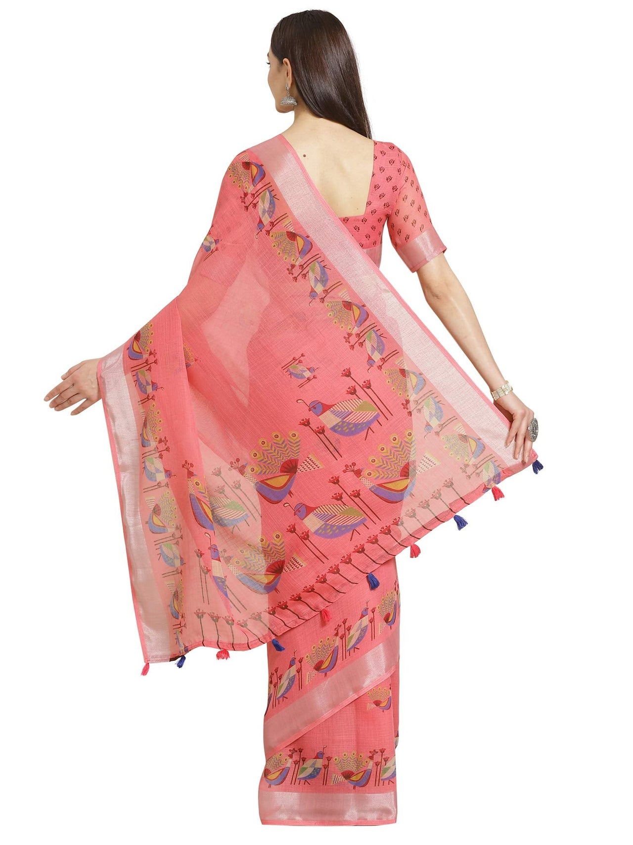 AKHILAM Women's  Linen Geometric Saree With Unstitched Boluse Piece